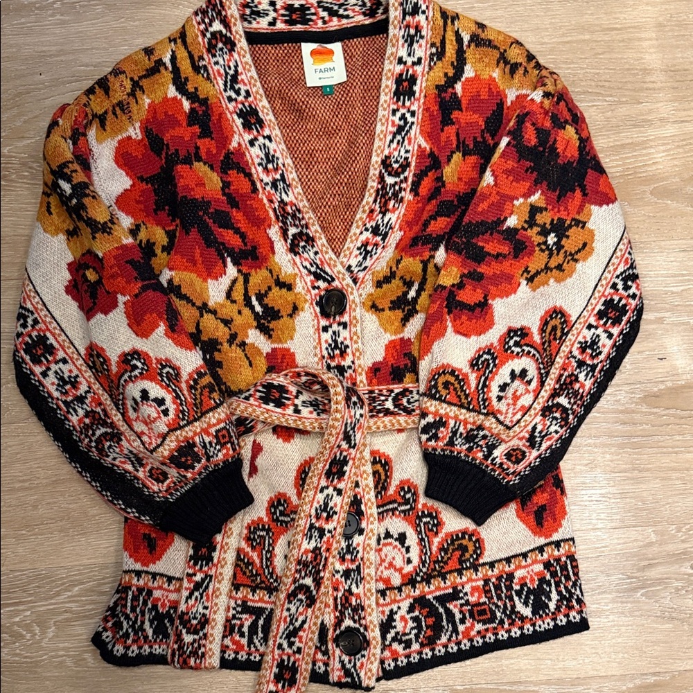 FARM Rio Red and Orange Floral Cardigan
